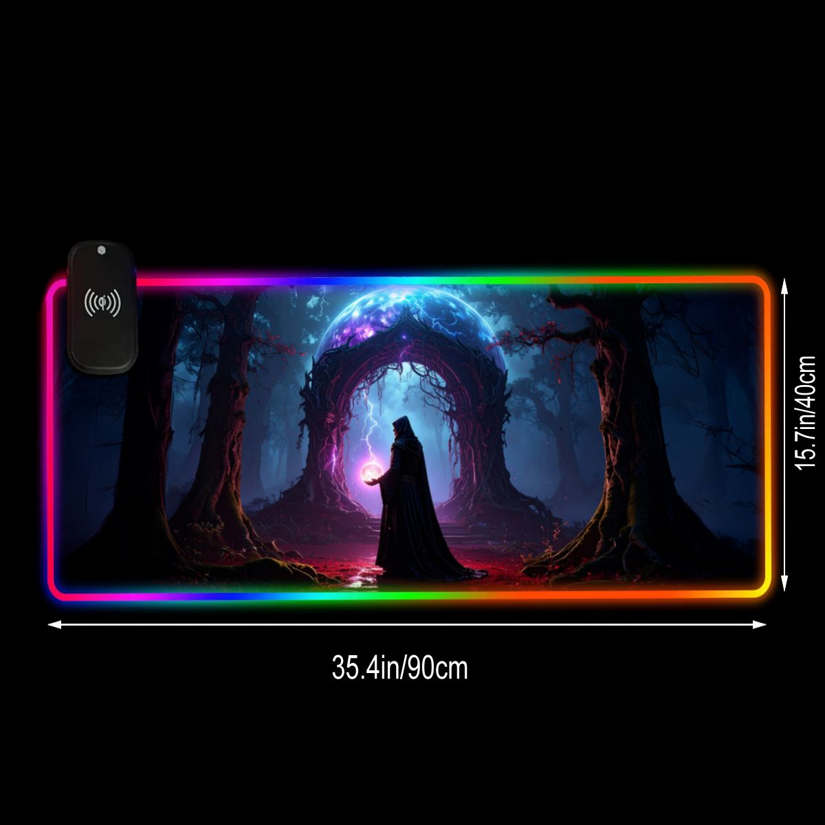 Gaming mouse pad with a fantasy design and RGB lighting, showing dimensions and wireless receiver.