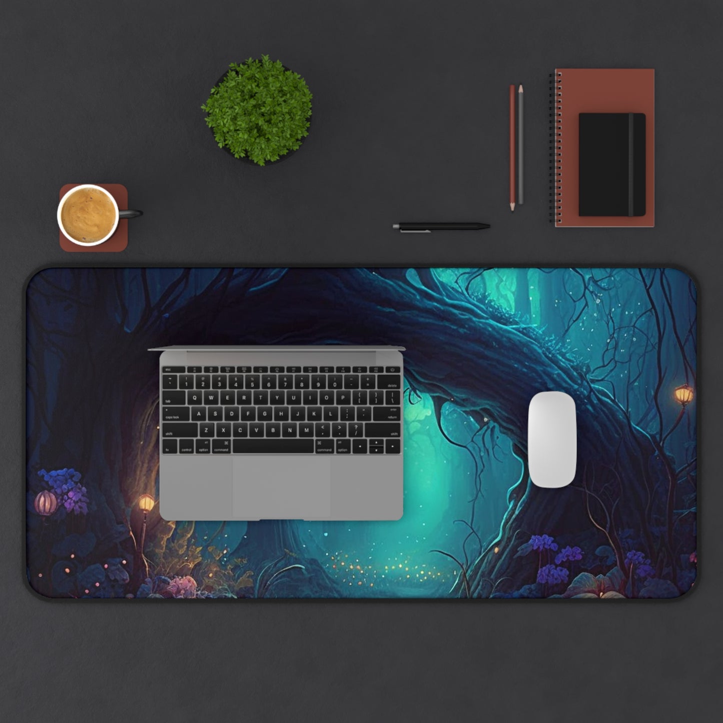 Desk setup displaying fantasy image Enchanted Forest Gaming Mat/Mousepad