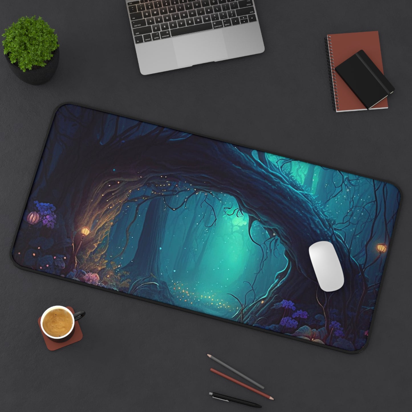 Desk setup displaying fantasy design Enchanted Forest Gaming Mat/Mousepad