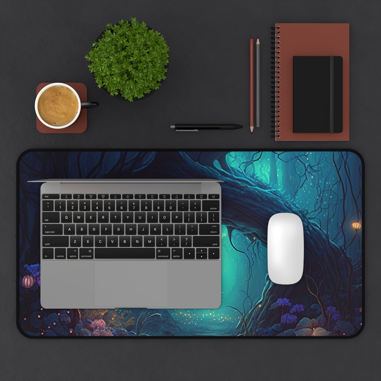 Desk setup displaying Enchanted Forest Gaming Mat/Mousepad