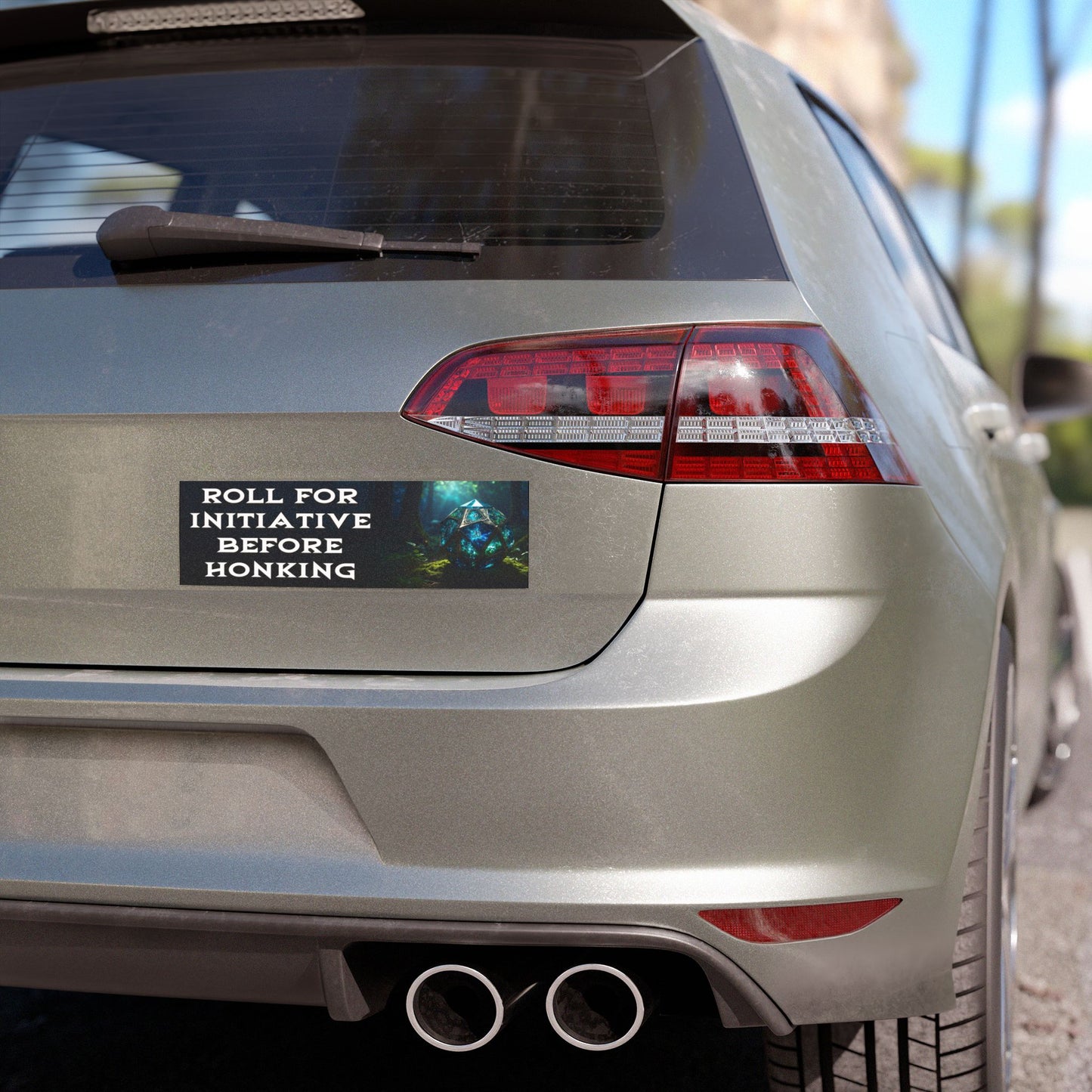 Roll for Initiative before Honking magnetic bumper sticker on display on silver car.