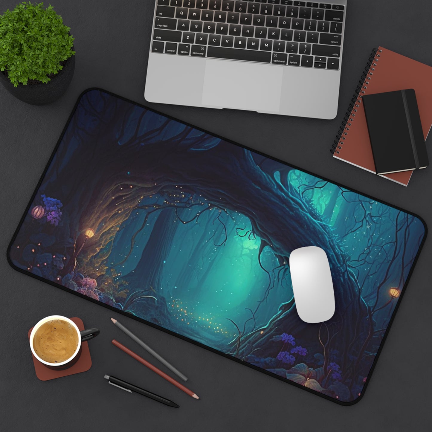 Desk setup displaying Enchanted Forest Gaming Mat/Mousepad
