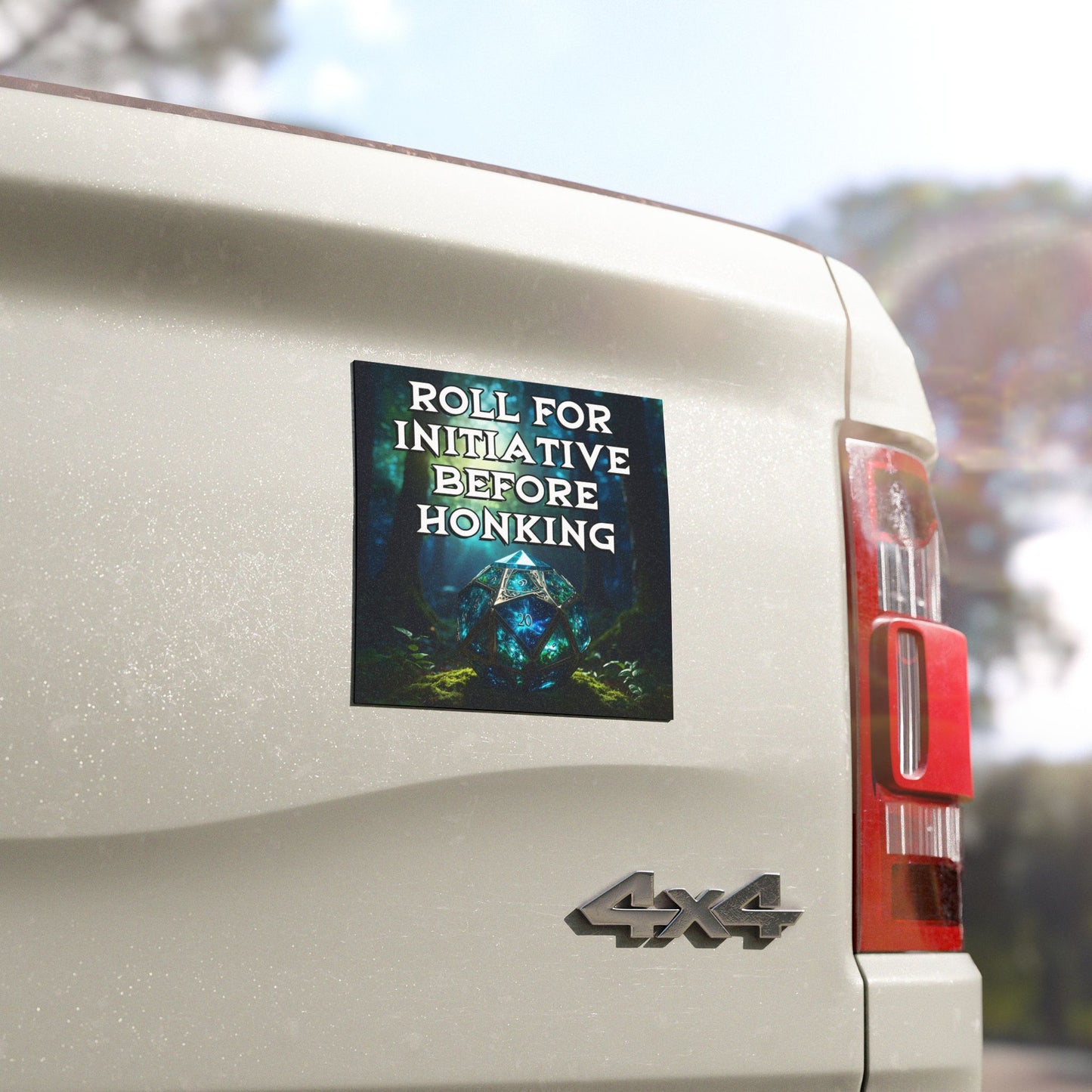 Close up of Roll for Initiative before Honking magnetic bumper sticker on display on white truck.