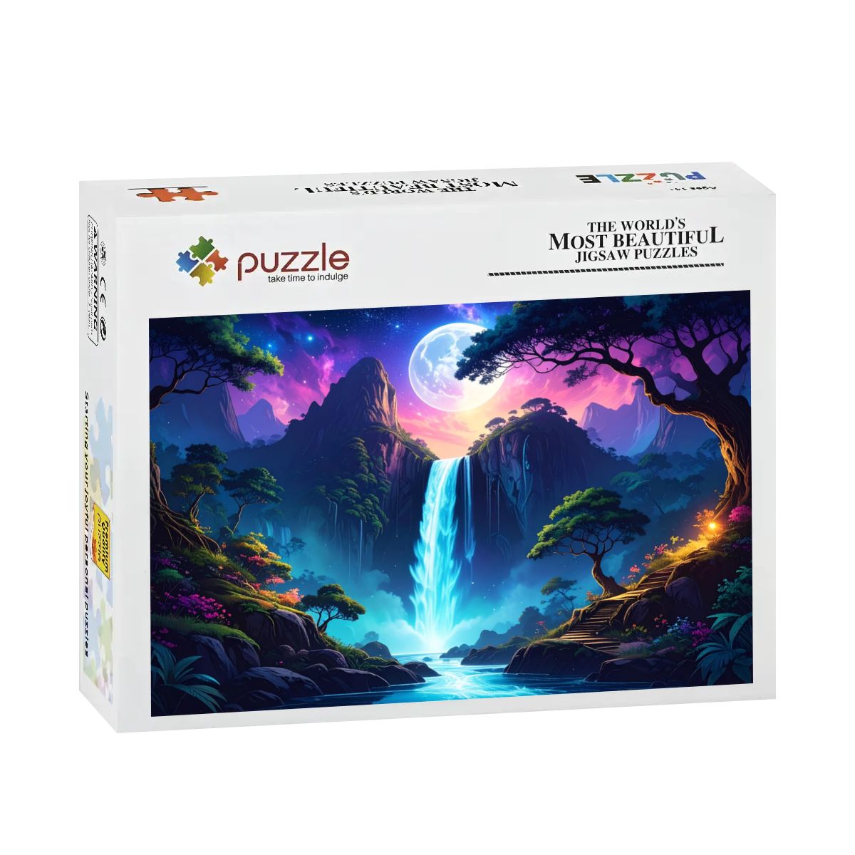 Jigsaw puzzle box with a colorful mountain and waterfall design on a white background.