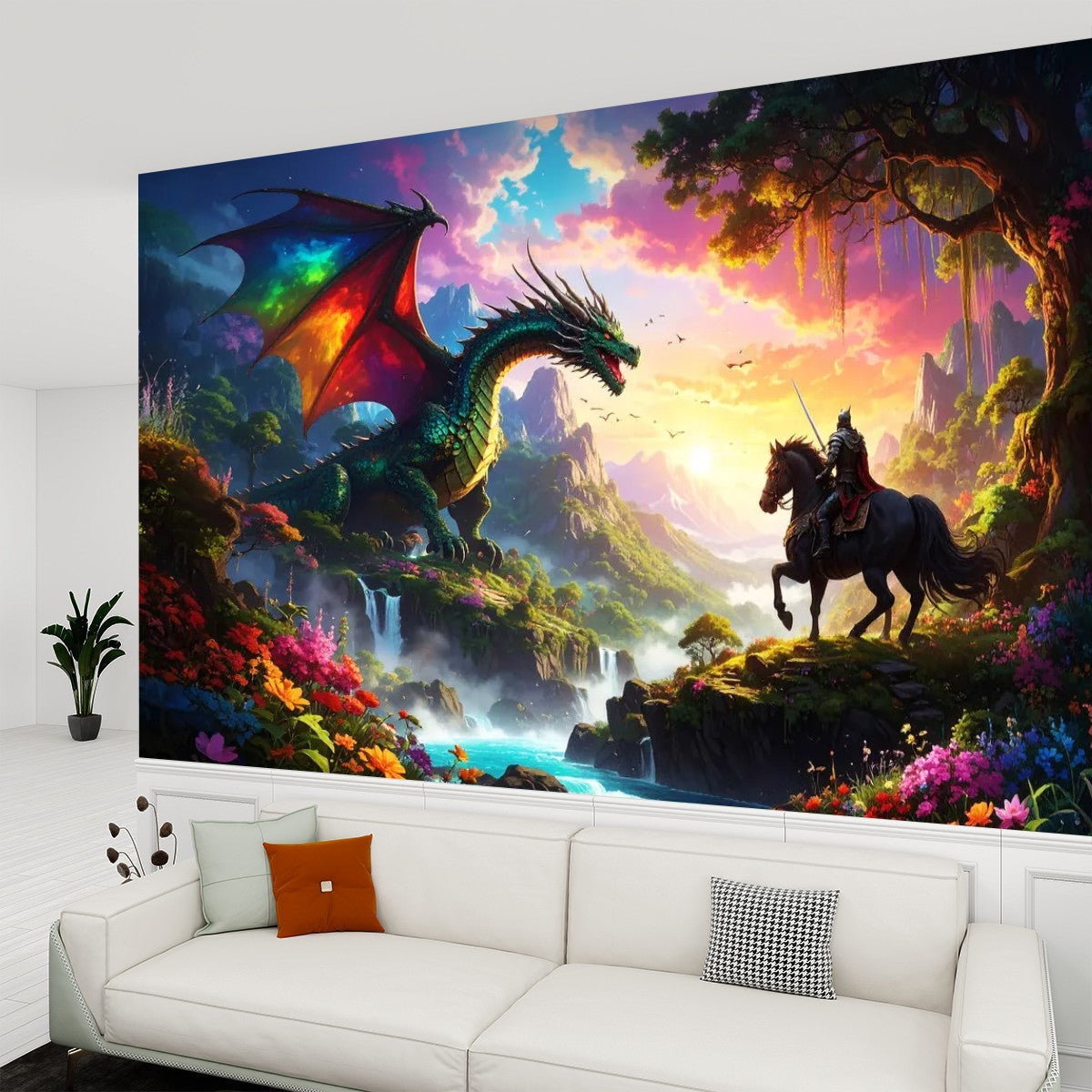 Removable PVC wallpaper with vibrant dragon knight battle scene