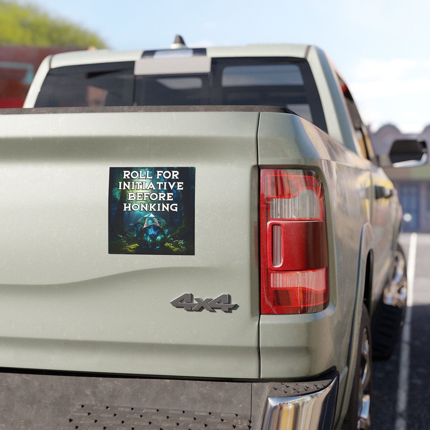 Roll for Initiative before Honking magnetic bumper sticker on display on white truck.