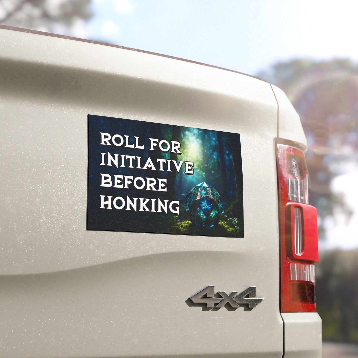 Close up of Roll for Initiative before Honking magnetic bumper sticker on display on white truck.