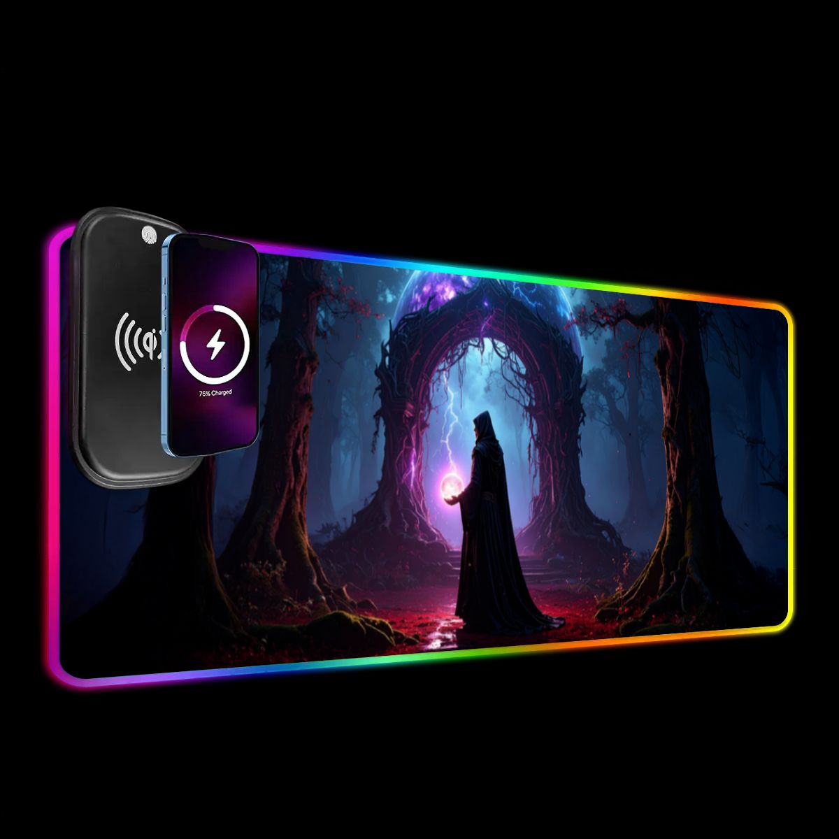 RGB gaming desk mat showing fast QI wireless charging