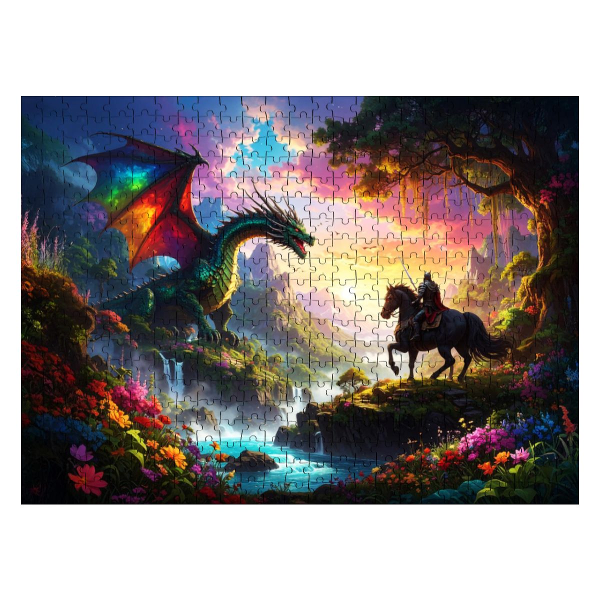 Jigsaw puzzle with a dragon and warrior scene on a colorful background. Close-up of assembled 500-piece dragon puzzle.