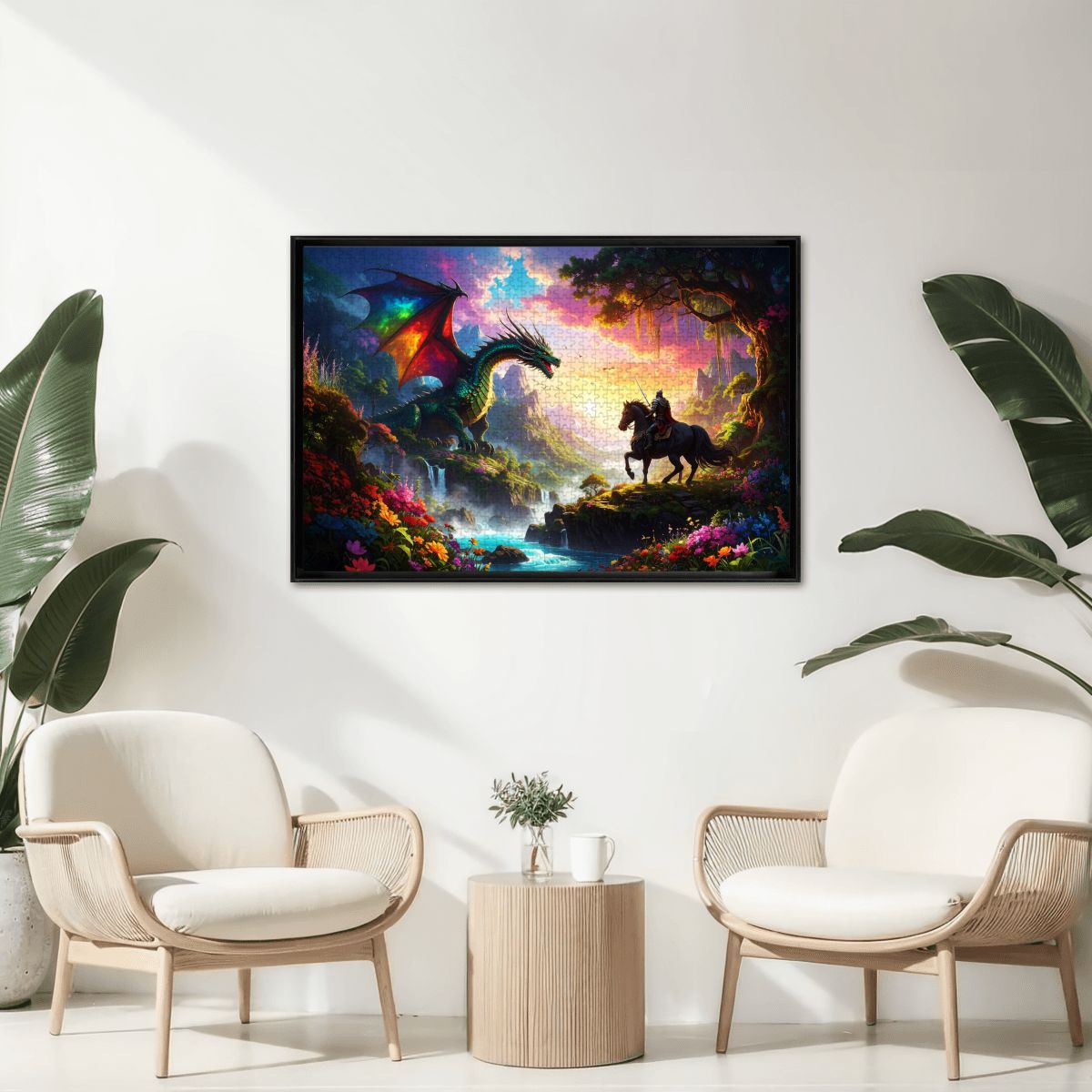 Framed artwork of a dragon and horse in a fantasy landscape above two chairs in a room. Epic fantasy dragon vs knight puzzle scene.