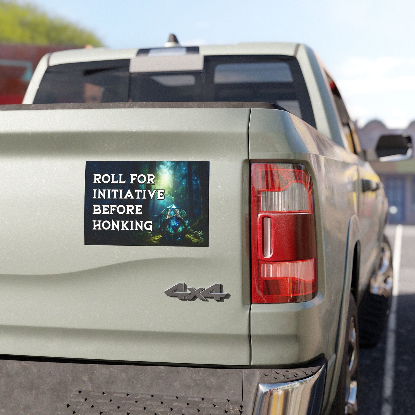 Roll for Initiative before Honking magnetic bumper sticker on display on white truck.