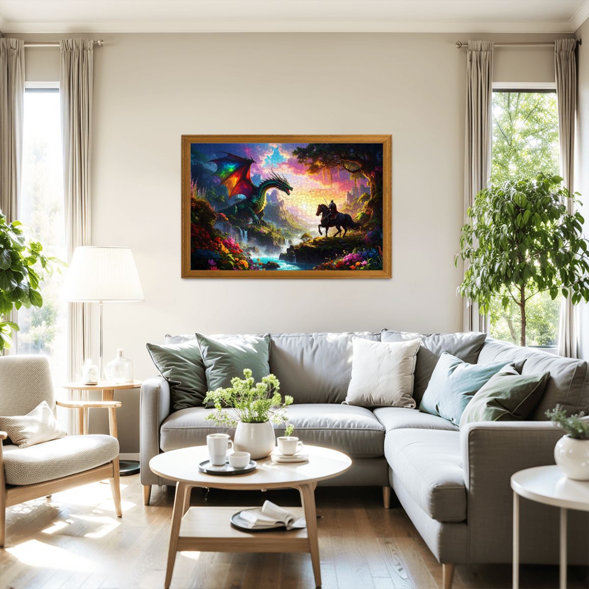 Living room with a large painting of dragons on the wall, a gray sectional sofa, and decorative items. Frame-worthy completed 1000-piece dragon puzzle.