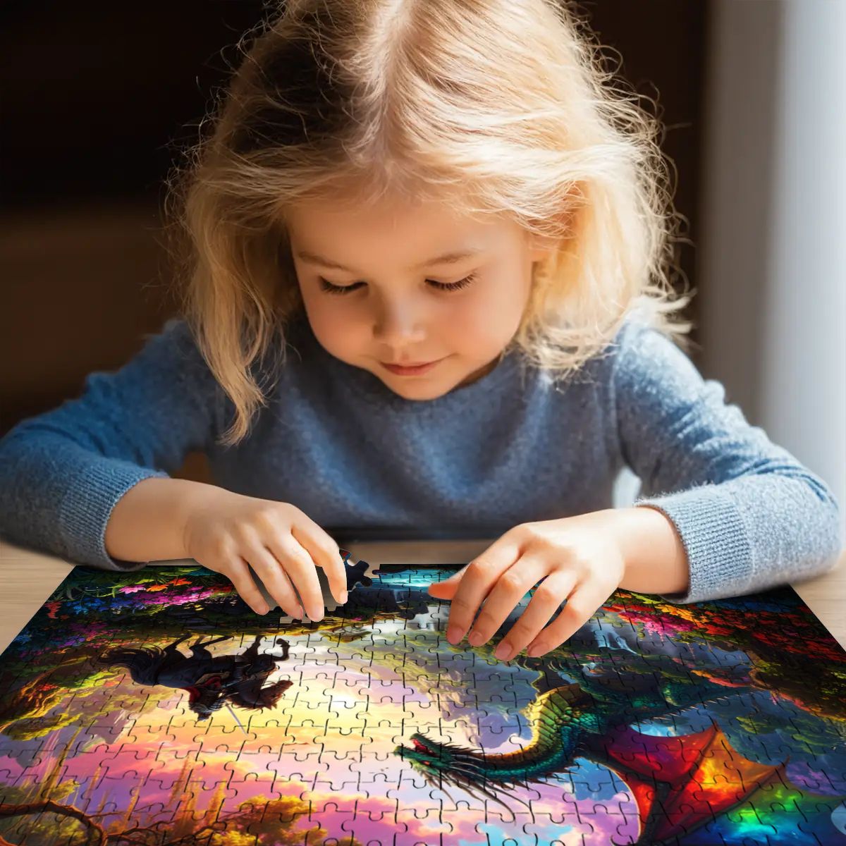 Child assembling dragon and knight puzzle.