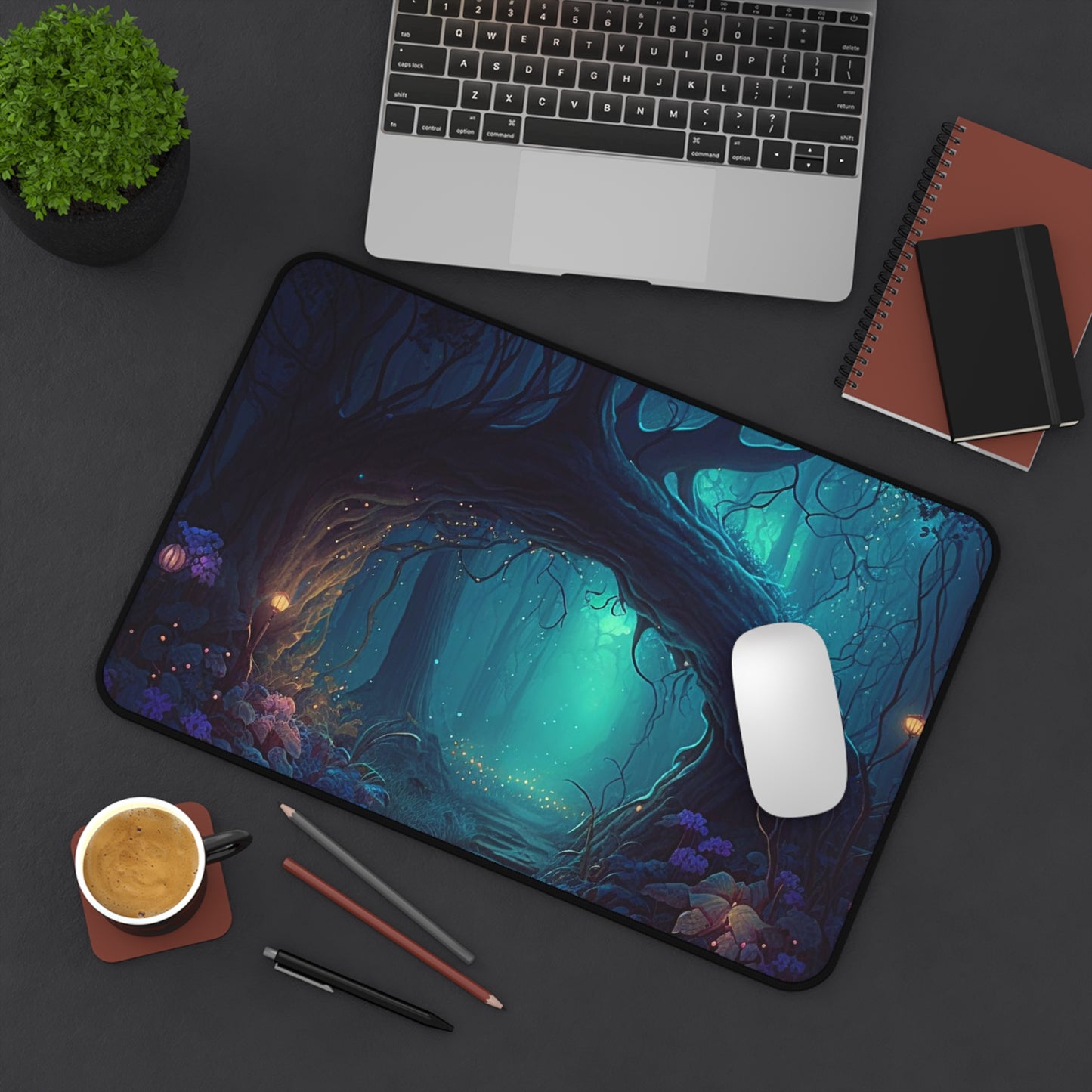 Desk setup displaying Enchanted Forest Gaming Mat/Mousepad