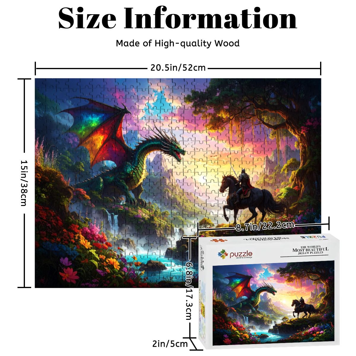 Jigsaw puzzle with dragon and horse design, showing dimensions and packaging.