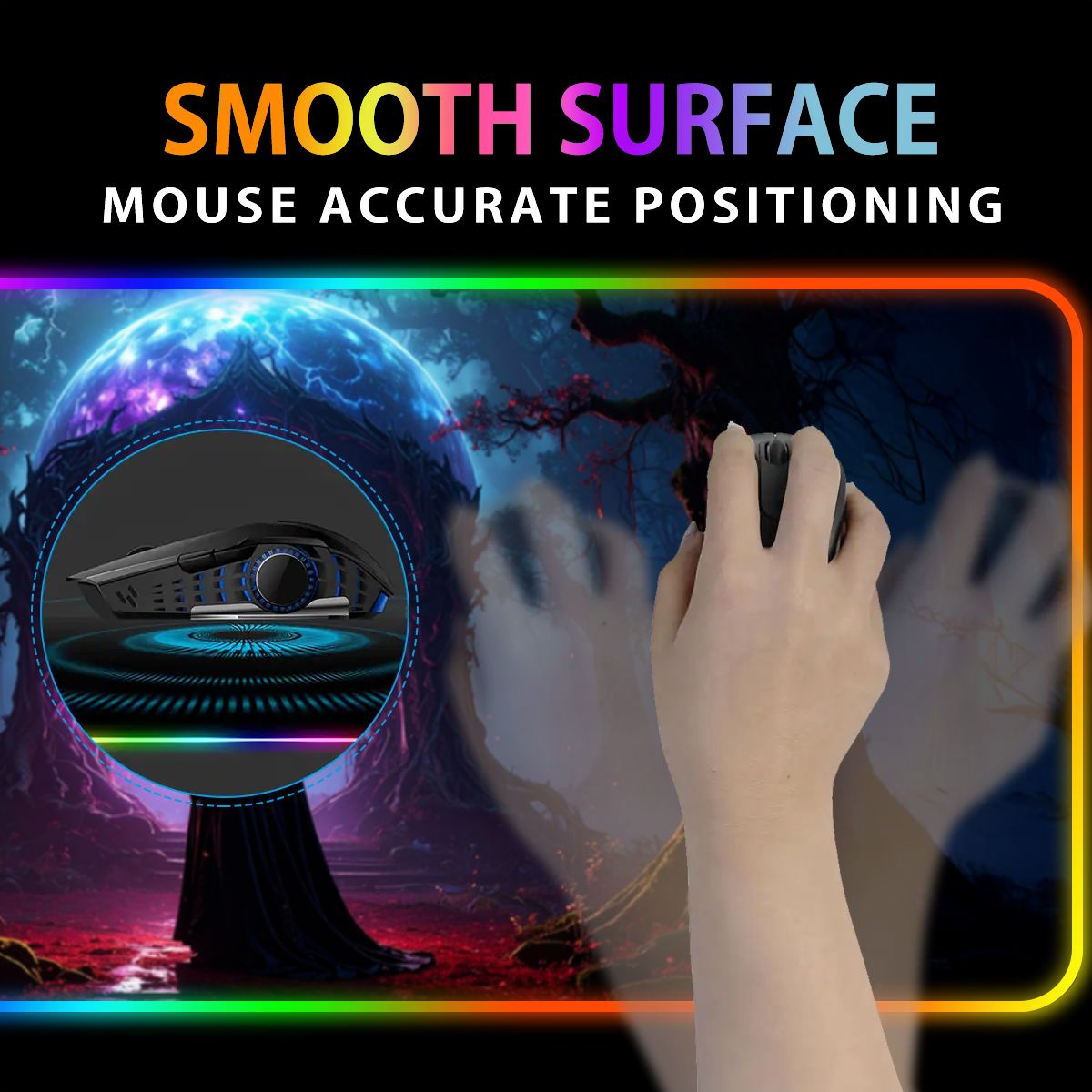 Mouse on a colorful surface with text 'Smooth Surface' and 'Mouse Accurate Positioning'.