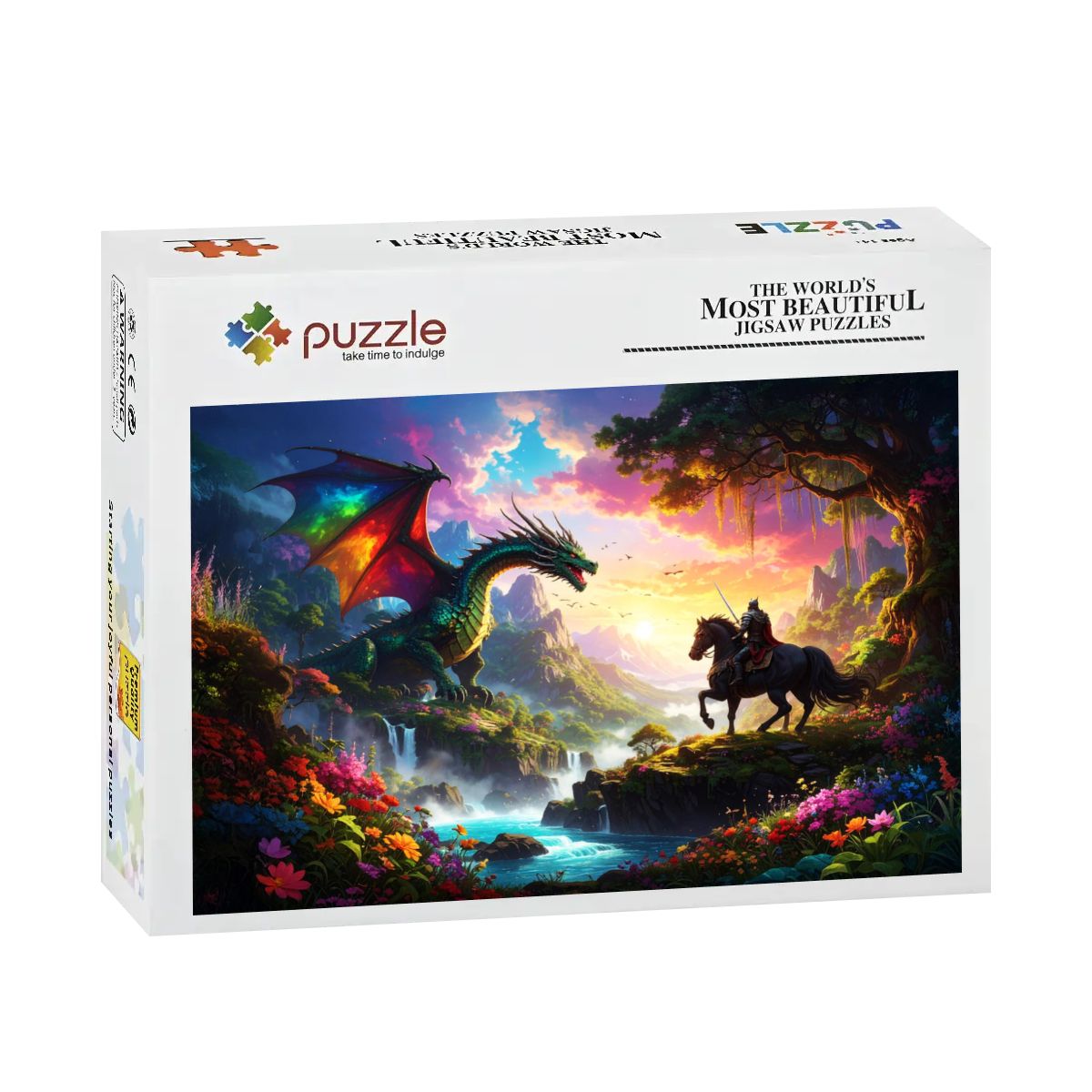 Jigsaw puzzle box with a colorful dragon and horse design on a white background. Vibrant UV print dragon puzzle artwork.