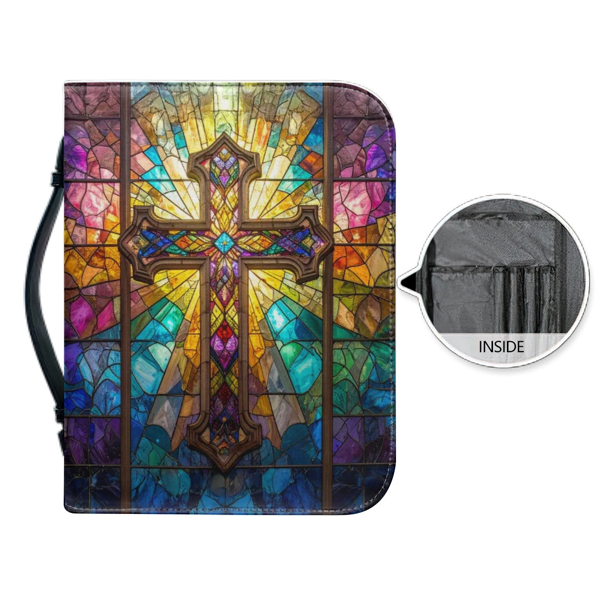 Stained Glass Cross PU Leather Bible Cover – Durable Protective Case