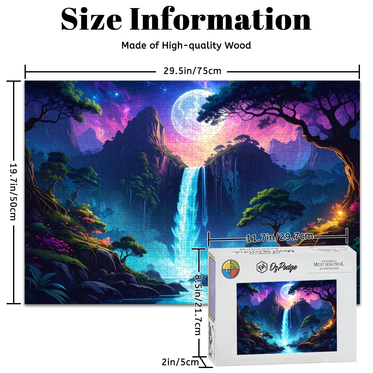 Wooden puzzle with a mountain and waterfall design, showing dimensions and packaging.