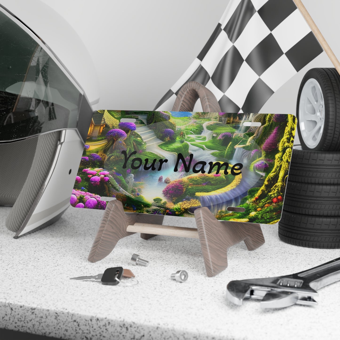 Fantasy landscape vanity license plate with customizable text on display