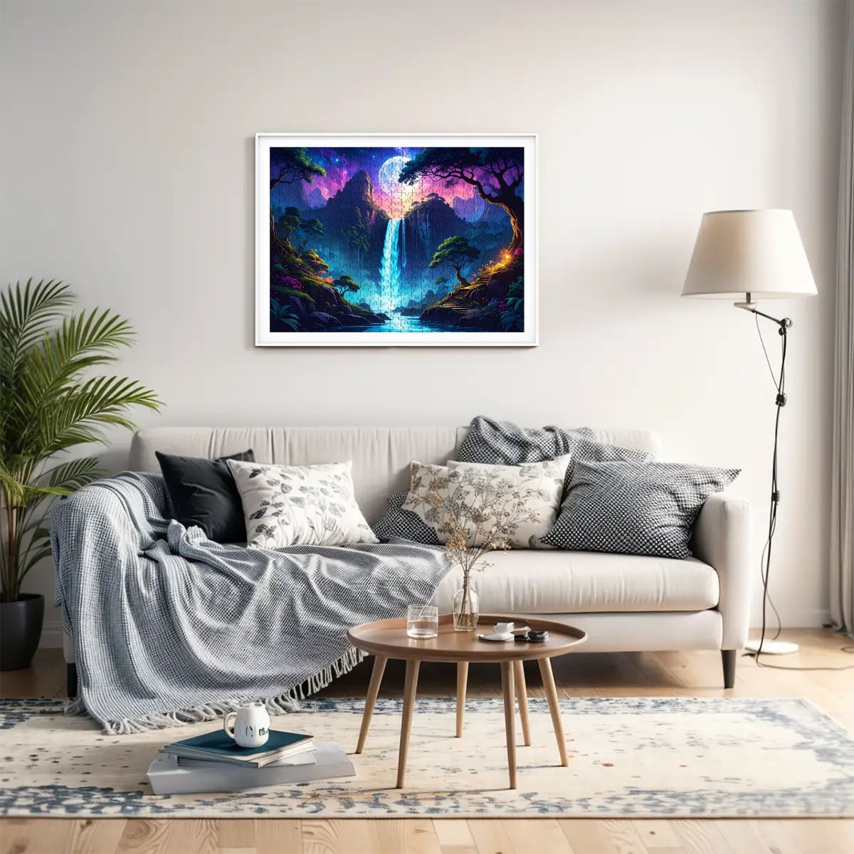 Living room with a sofa, coffee table, and a colorful framed artwork of a nature scene on the wall.