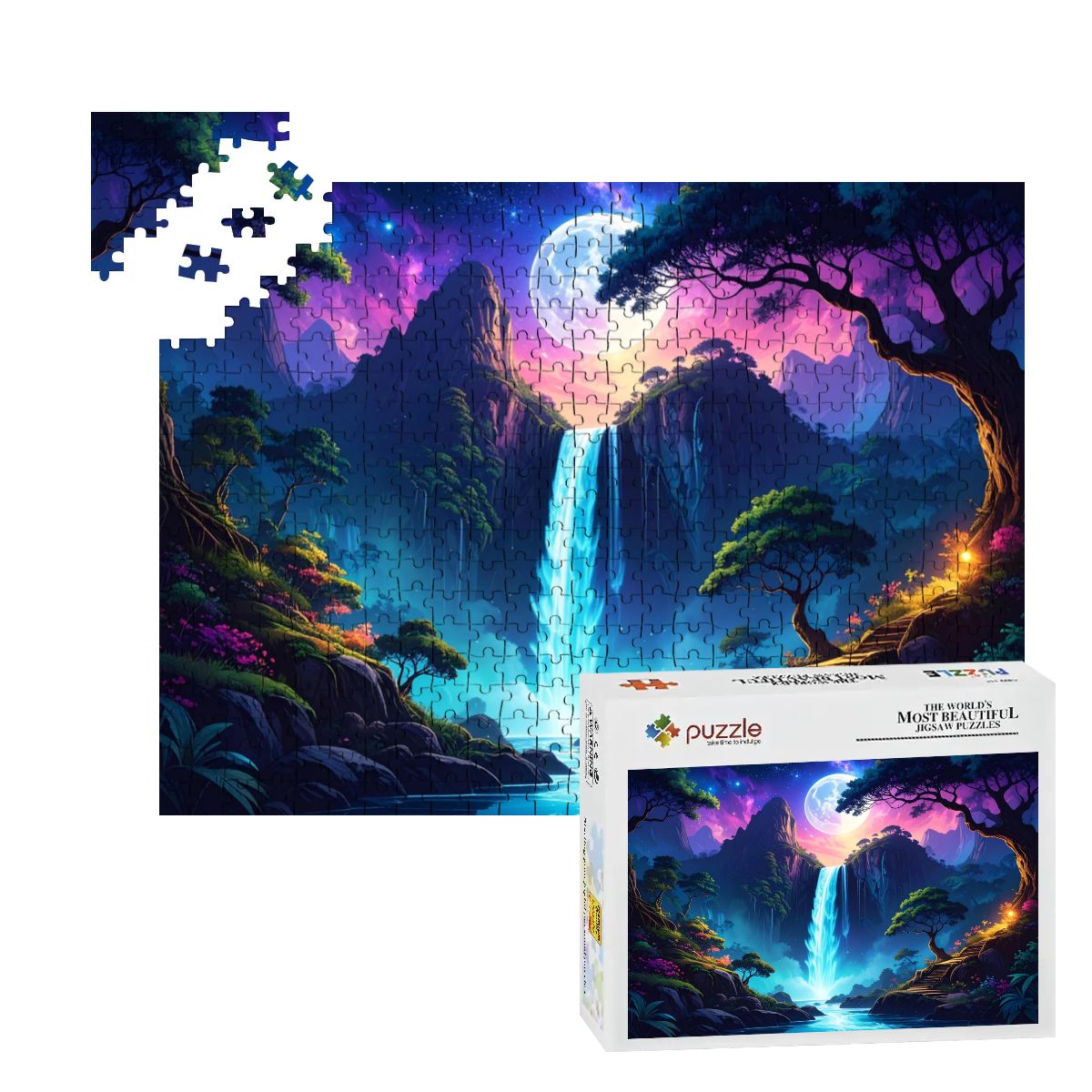 Jigsaw puzzle with a colorful mountain and waterfall scene, partially completed, next to its packaging.