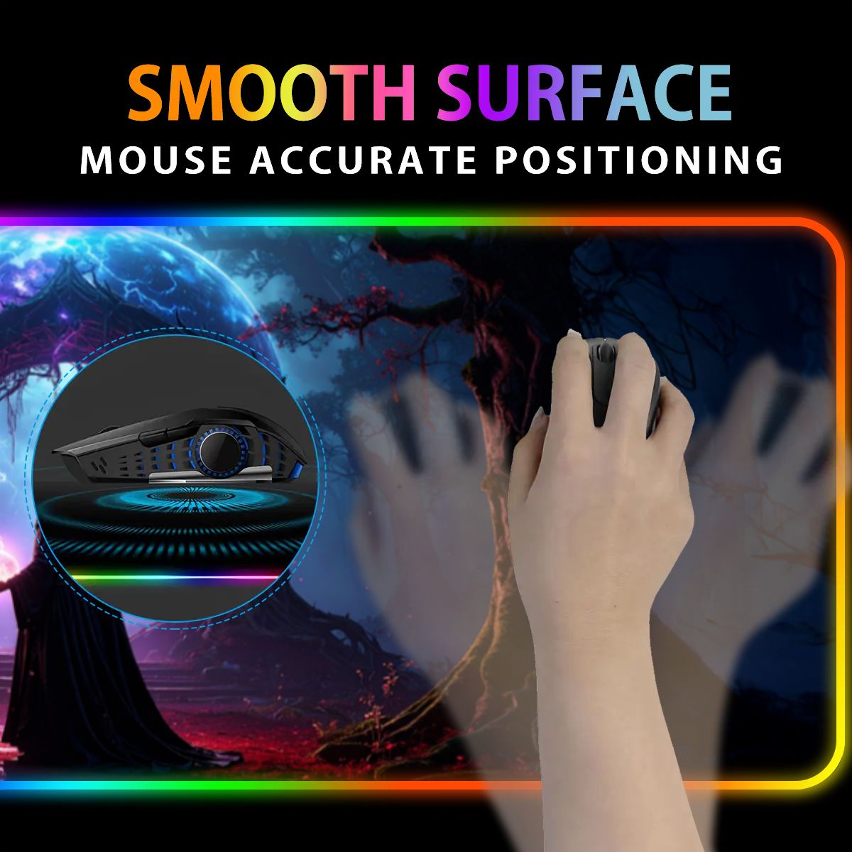 Hand using a mouse on a large mouse pad with colorful text about smooth surface and accurate positioning.