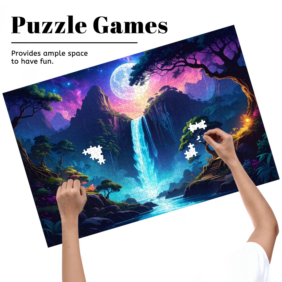 Jigsaw puzzle with a colorful mountain and waterfall design, hands placing pieces.