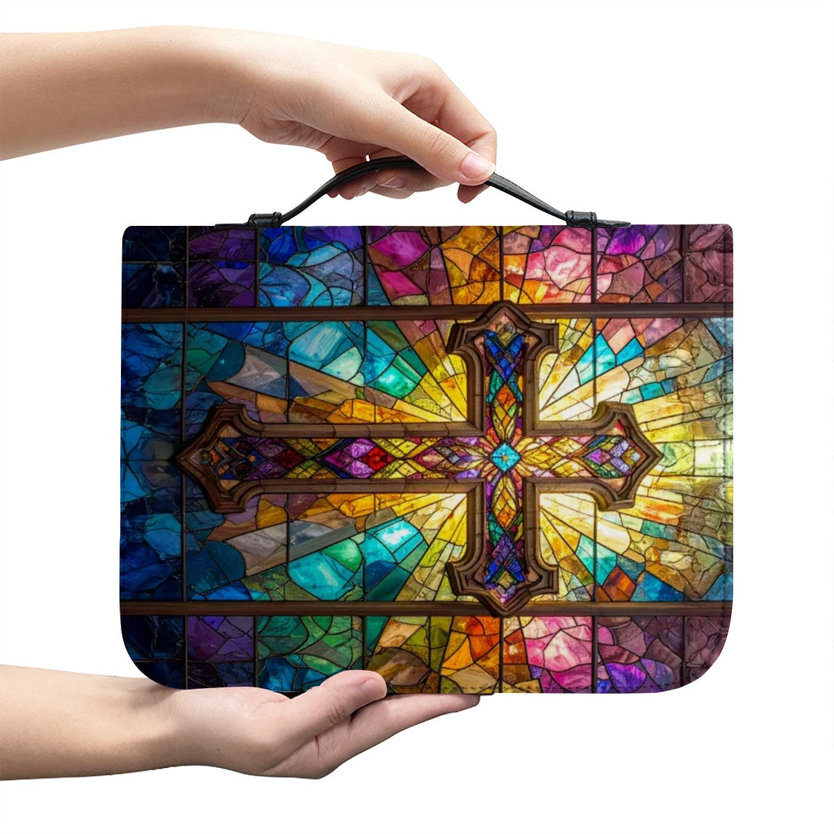 Stained Glass Cross PU Leather Bible Cover – Durable Protective Case