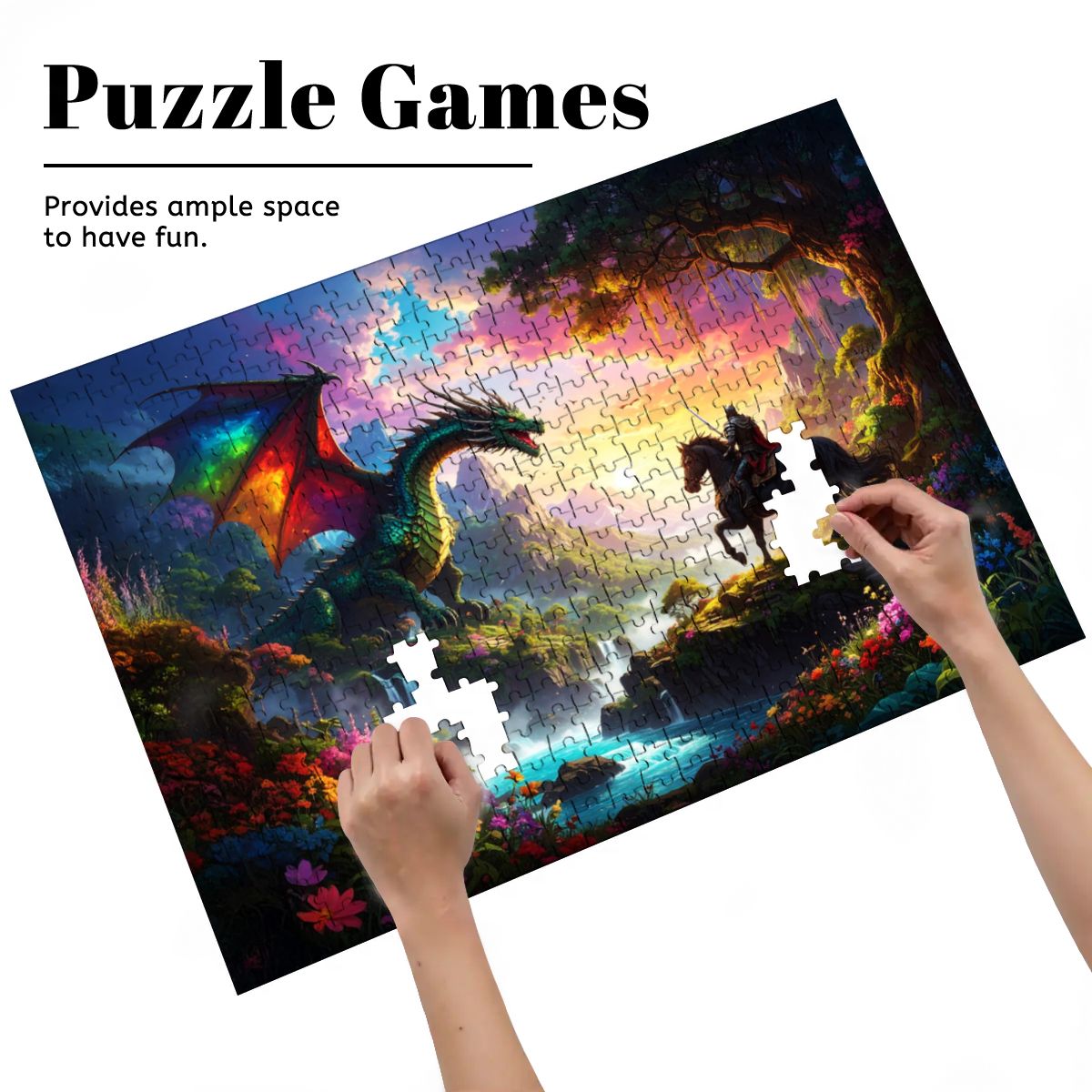 Hands placing dragon puzzle pieces together.