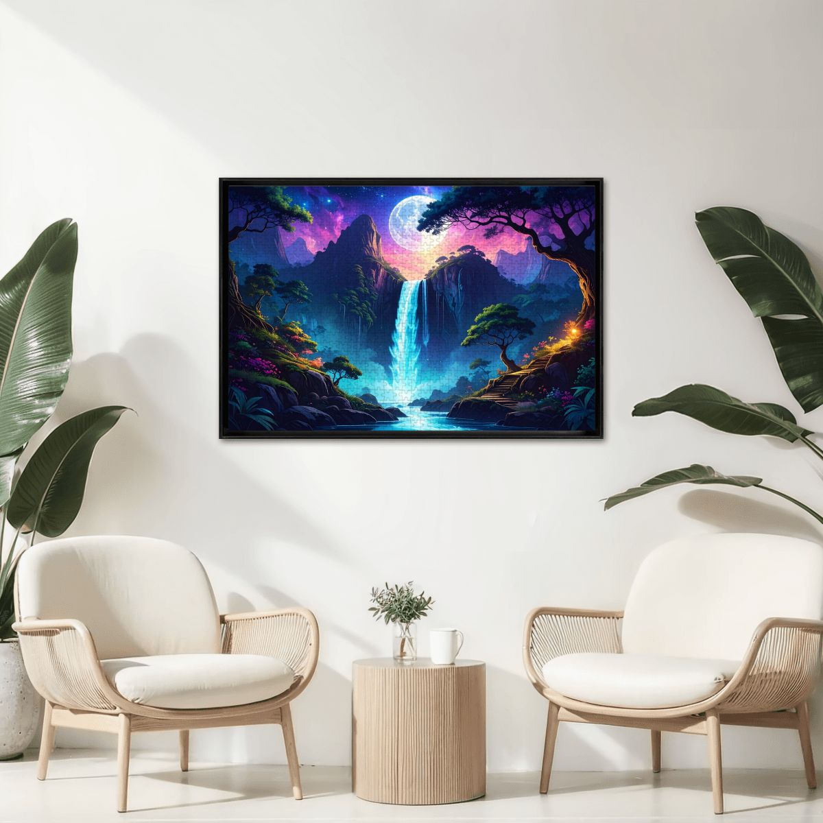 Framed artwork of a fantasy landscape with a waterfall in a modern living room.