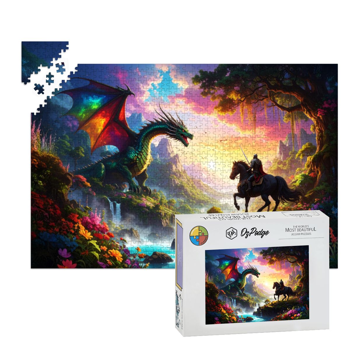 Jigsaw puzzle with a dragon and horse scene, partially completed, next to the packaging box.
