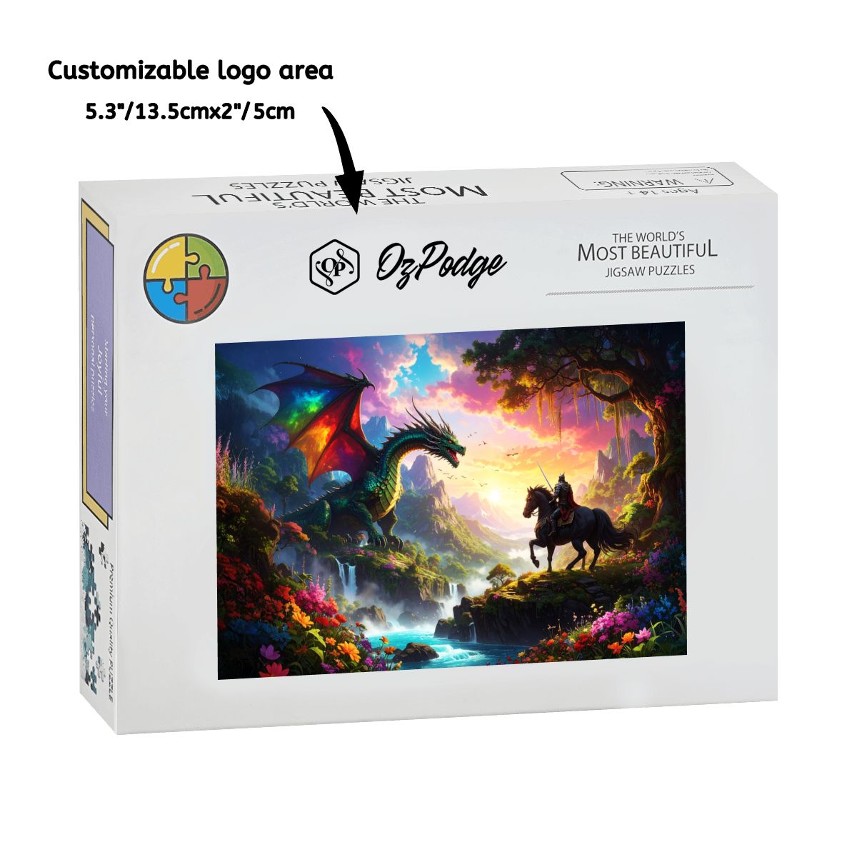 OzPodge puzzle box with dragon and castle illustration on a white background. 1000-piece wooden puzzle dragon and knight battle scene.