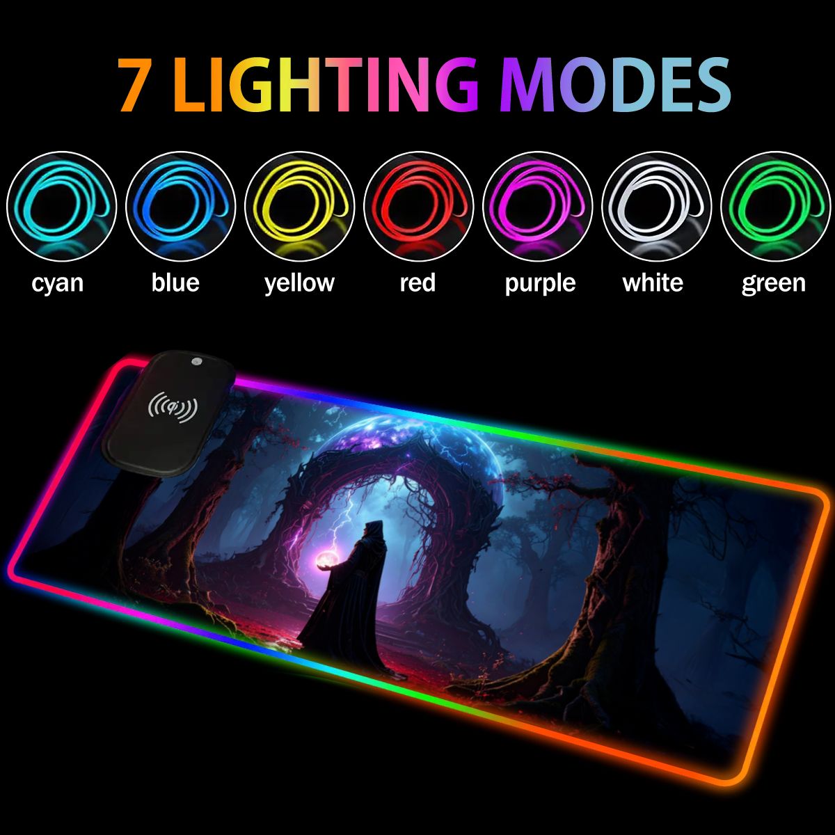 Fantasy Wizard gaming mouse pad with RGB lighting showing 7 different color modes.