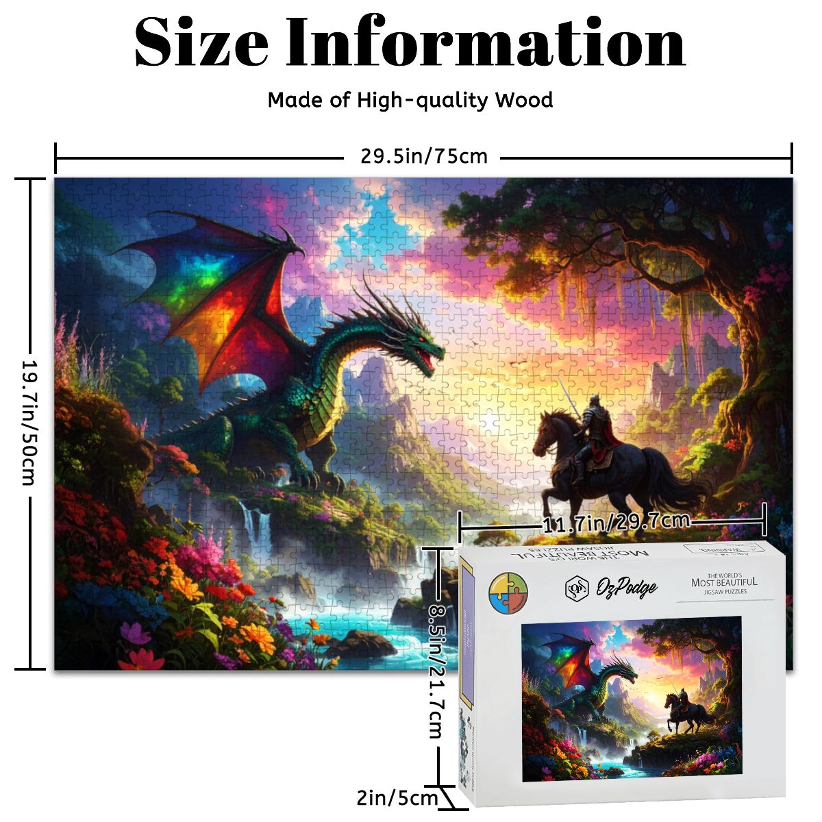 Jigsaw puzzle with dragon and warrior design, showing dimensions and packaging. Medieval Fantasy Dragon & Knight Scene.