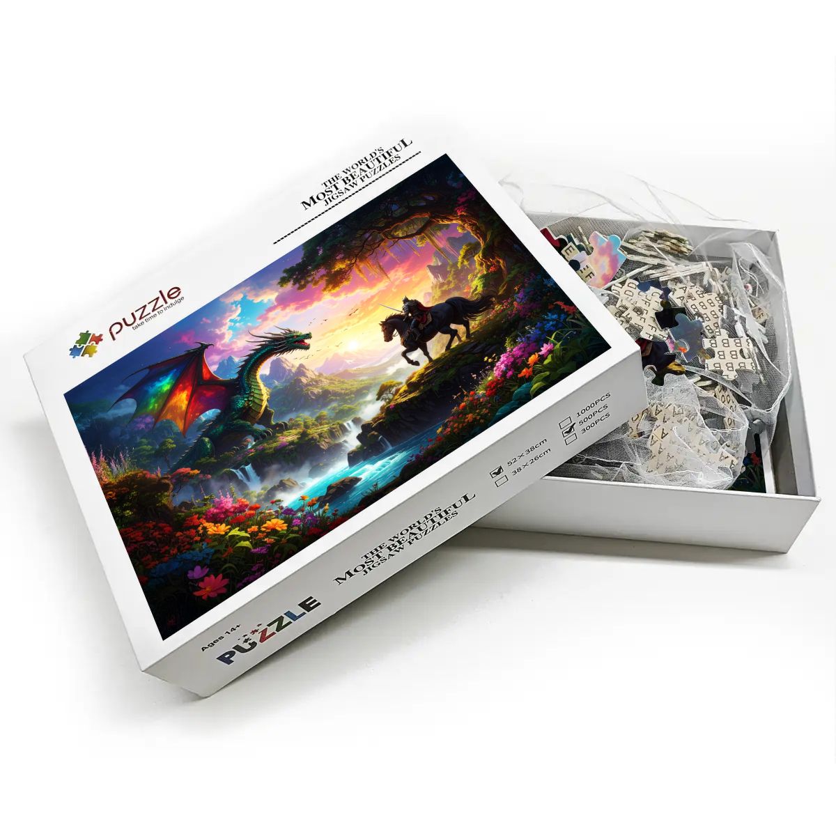 Jigsaw puzzle with dragon and horse design in a box on a white background. Close-up of 500-piece dragon puzzle pieces in puzzle box.