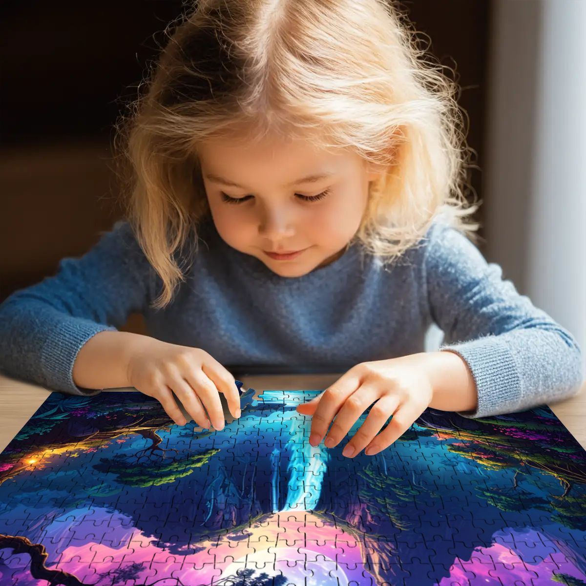 Child assembling 500 piece wooden jigsaw puzzle on table