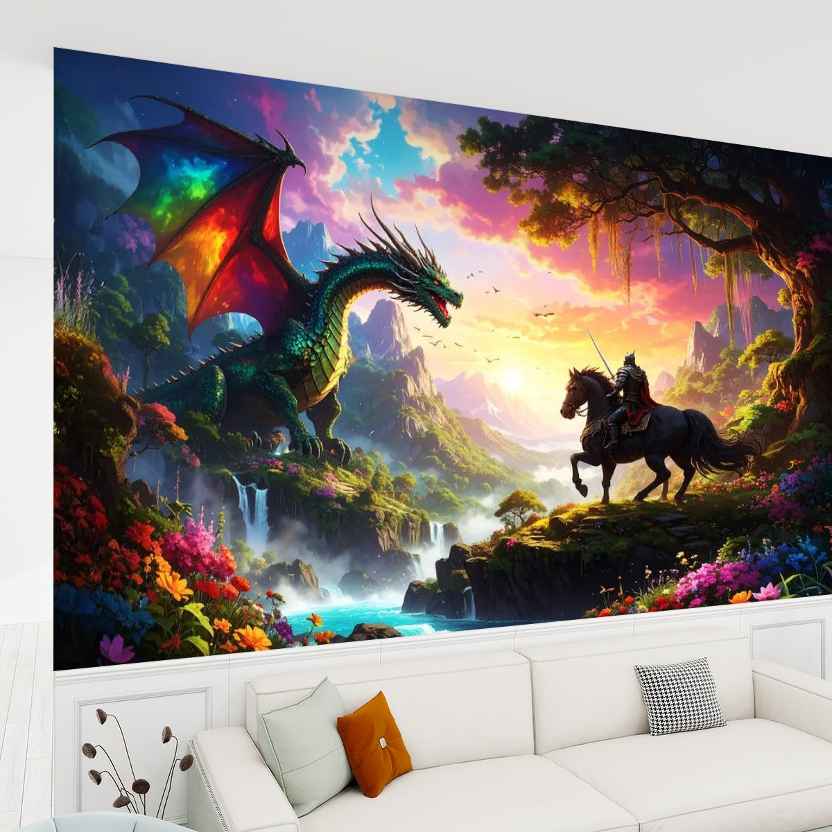 Close-up of peel and stick wallpaper dragon knight artwork