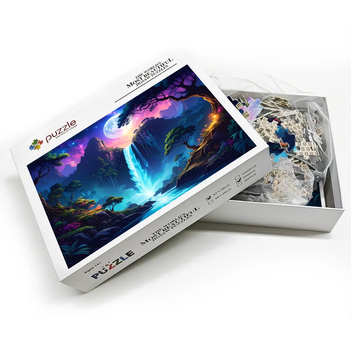 Moonlit waterfall jigsaw puzzle box with reference image included