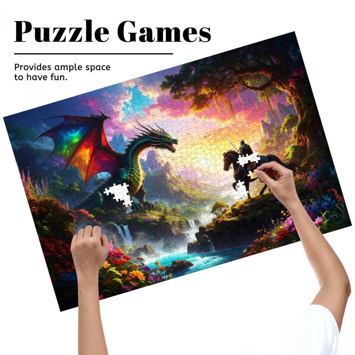 Jigsaw puzzle with a dragon and castle design, hands placing pieces. Vibrant UV print dragon and knight puzzle artwork