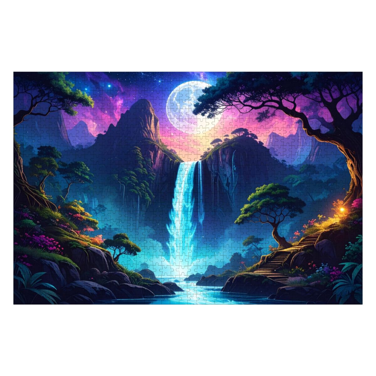 Moonlit waterfall wooden jigsaw puzzle β 1000 pieces, large fantasy night scene