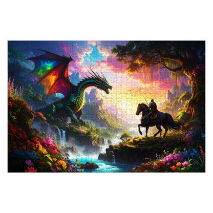 Completed 1000-piece dragon and knight puzzle displayed. Frameable if desired.