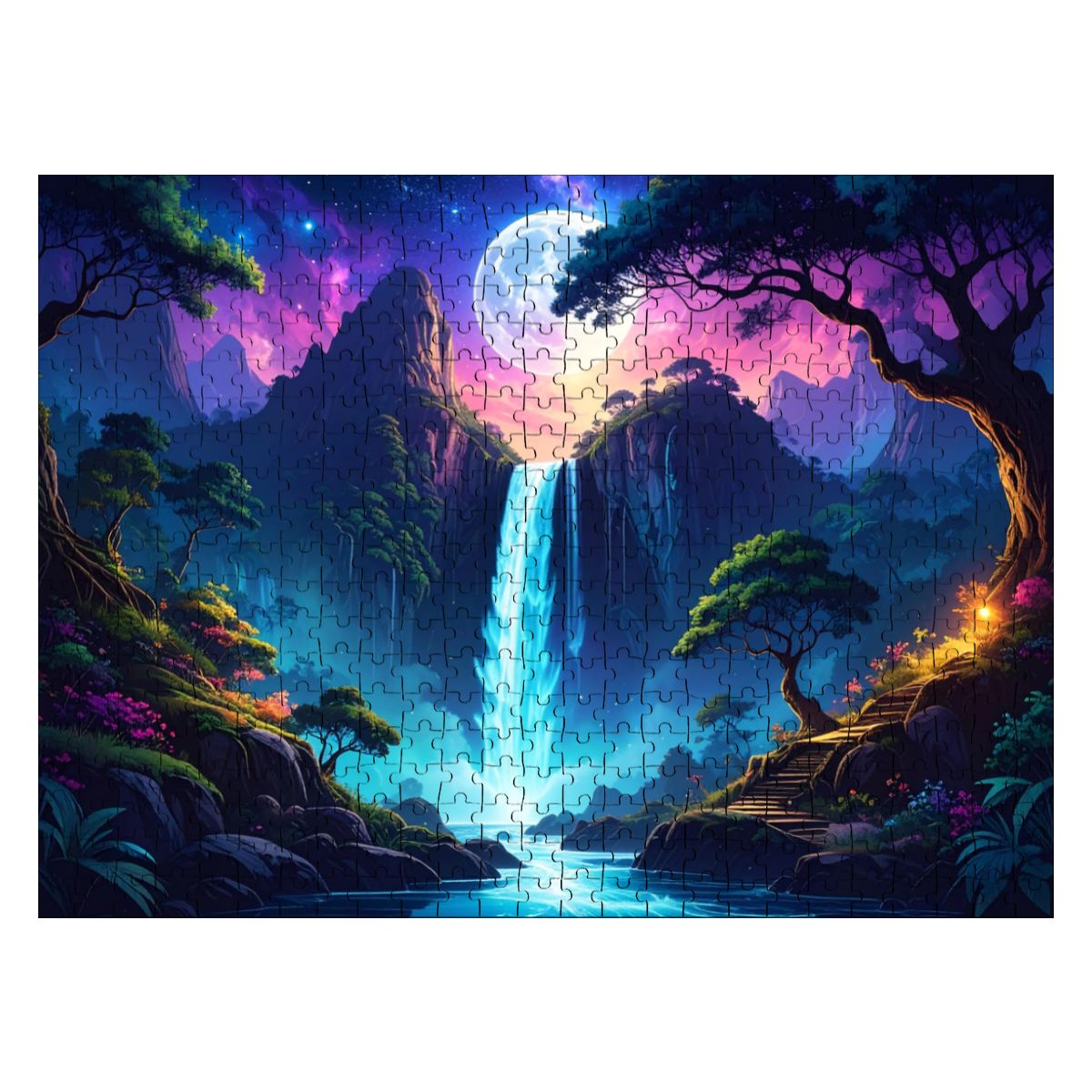 Moonlit waterfall wooden jigsaw puzzle completed – 500 pieces, fantasy night scene