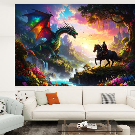 Fantasy mural with a dragon and warrior on a white wall above a sofa.