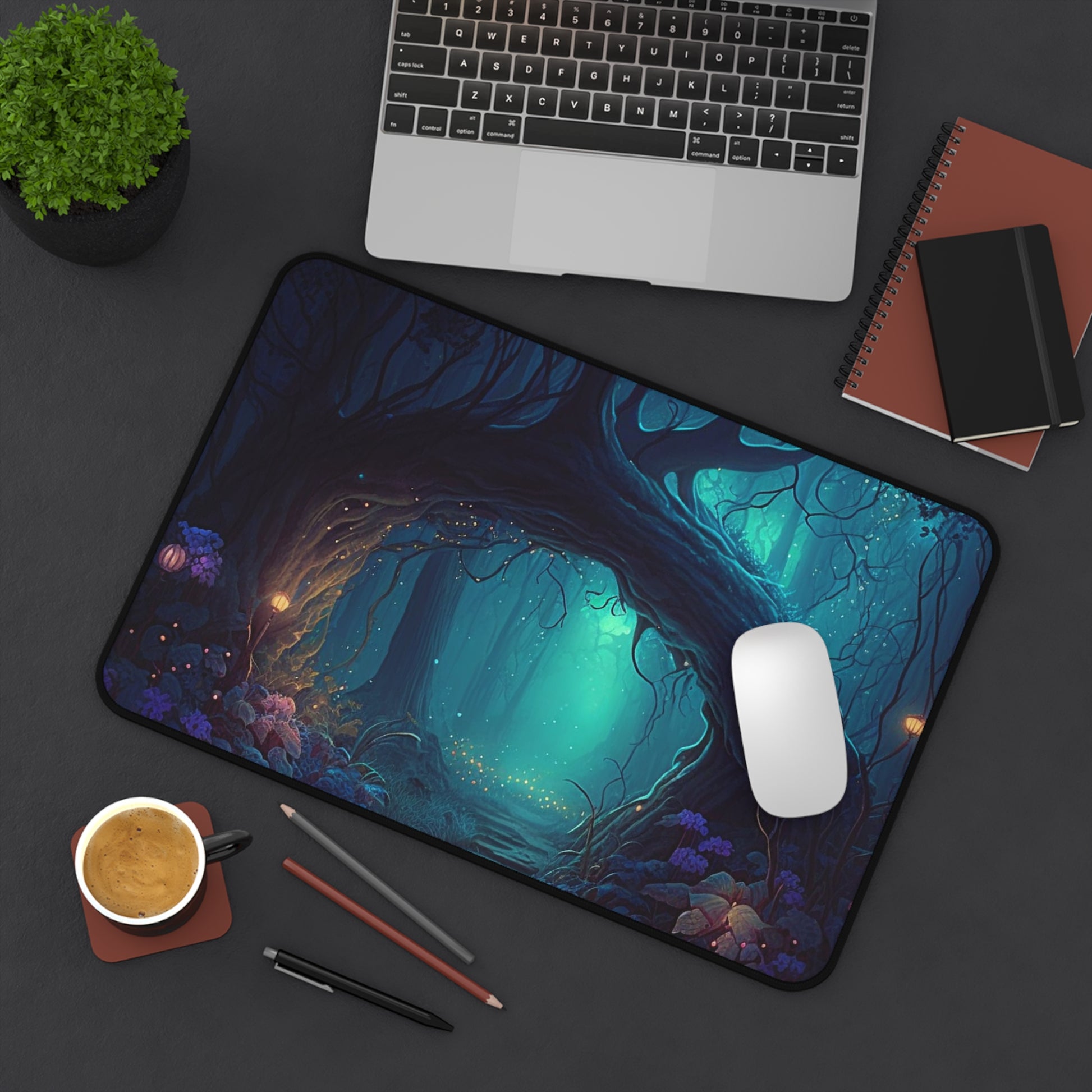 Desk setup displaying Enchanted Forest Gaming Mat/Mousepad