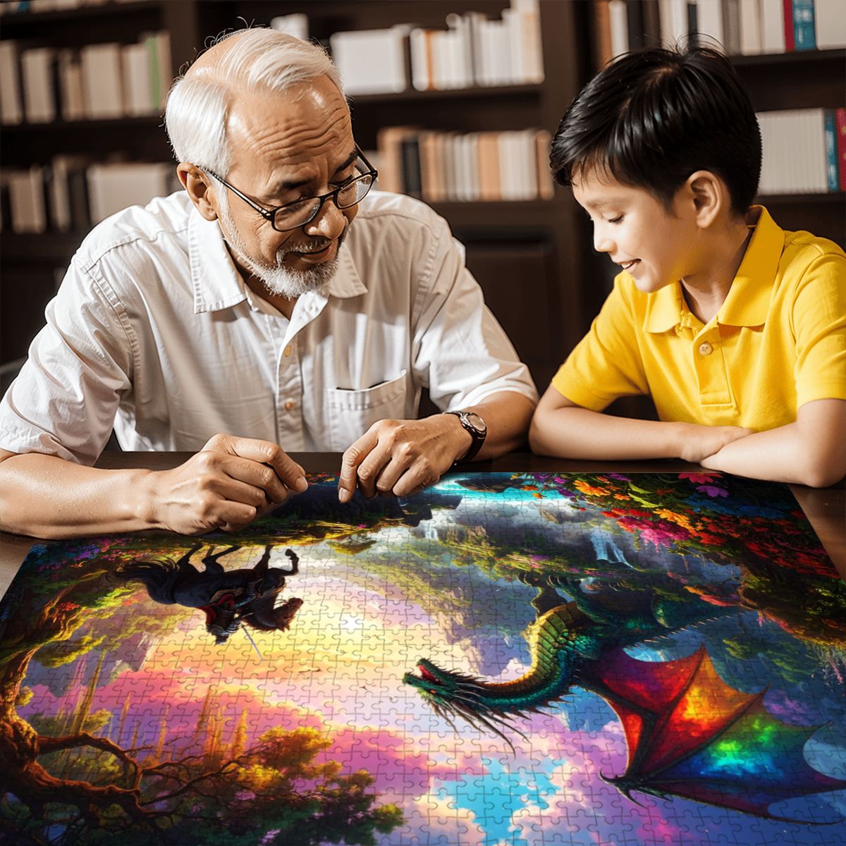 Family assembling 1000-piece dragon and knight puzzle.