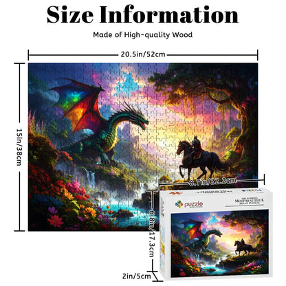 Jigsaw puzzle with dragon and horse design, showing dimensions and packaging.