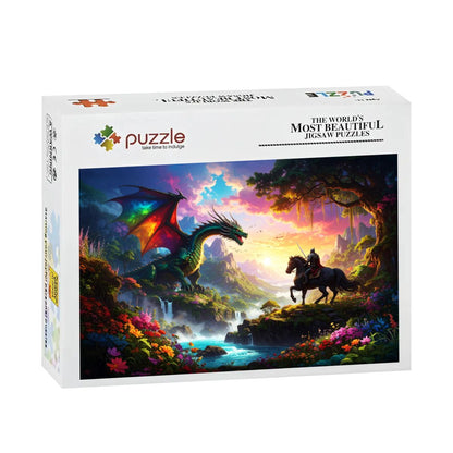 Jigsaw puzzle box with a colorful dragon and horse design on a white background. Vibrant UV print dragon puzzle artwork.