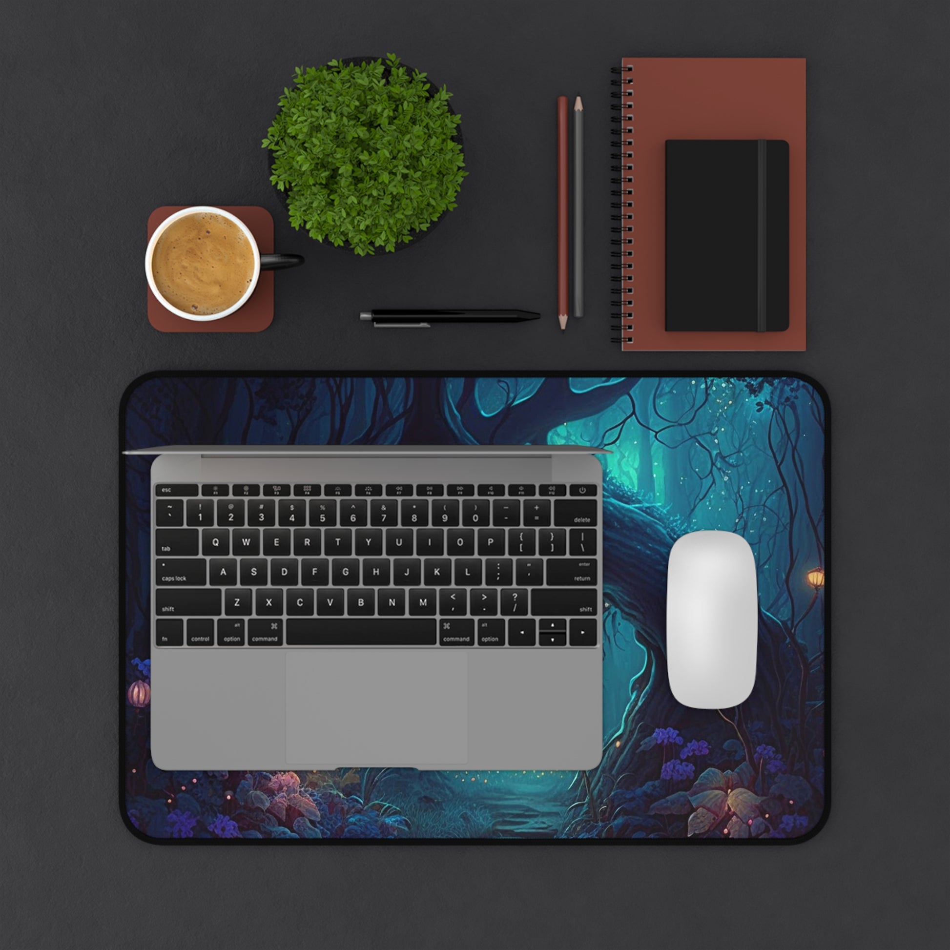 Desk setup displaying Enchanted Forest Gaming Mat/Mousepad
