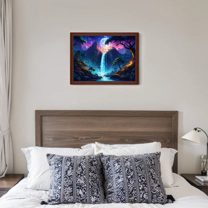 Framed artwork of a fantasy landscape with a waterfall above a bed in a bedroom.